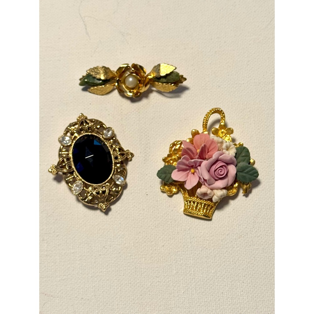Vintage Brooch Lot 3 Coquette Grandmillennial Floral Pearl Black Stone